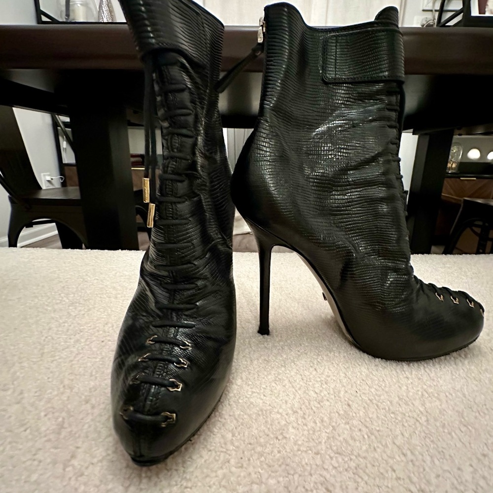 Sergio Rossi Black Lizard Embossed Leather Lace Up Boots Size 38